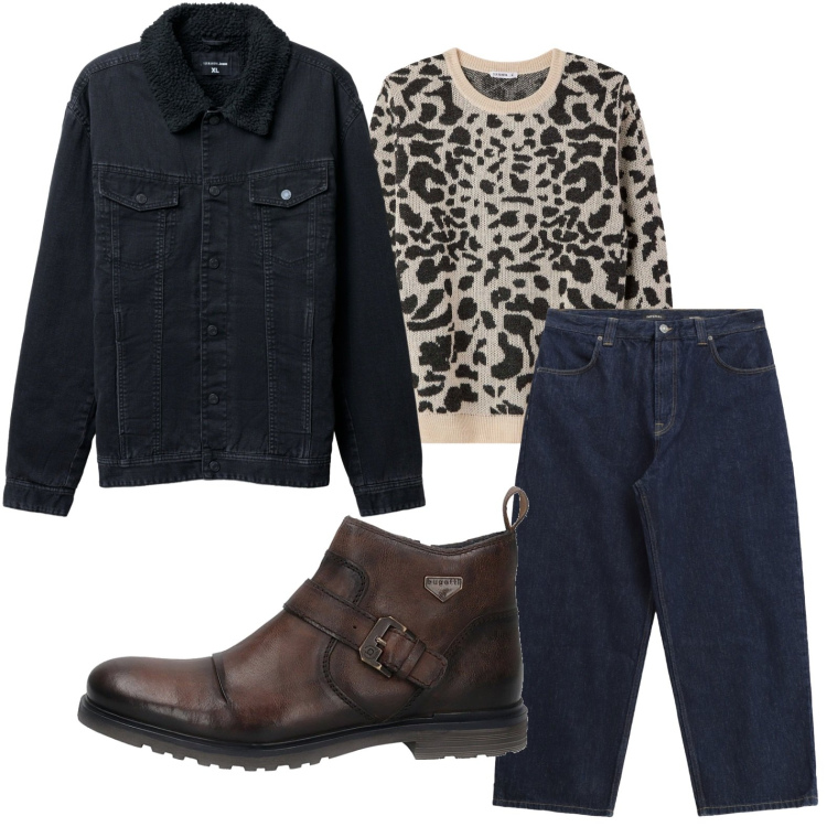 Outfit uomo - Abbinamento inaspettato. Stile Casual per Tutti i giorni. Abbinamento con giacche, maglieria, jeans, stivali e stivaletti.