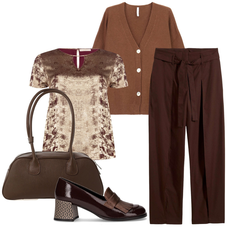 Outfit donna - Caramello e miele. Stile Glamour per Ufficio. Abbinamento con pantaloni, bluse, cardigans, borse a mano, mocassini.