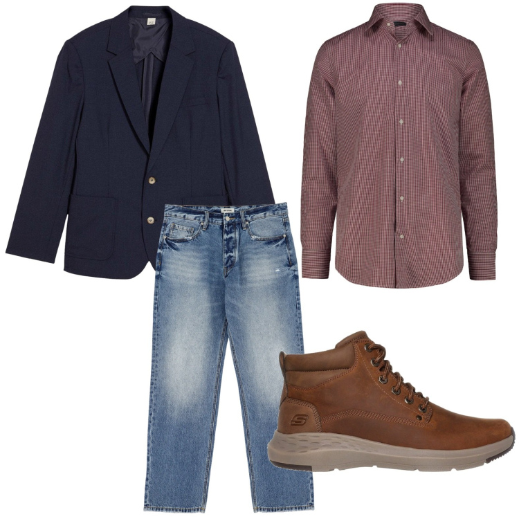 Outfit uomo - Look spezzato. Stile Casual per Tutti i giorni. Abbinamento con giacche, jeans, camicie, stivali e stivaletti.