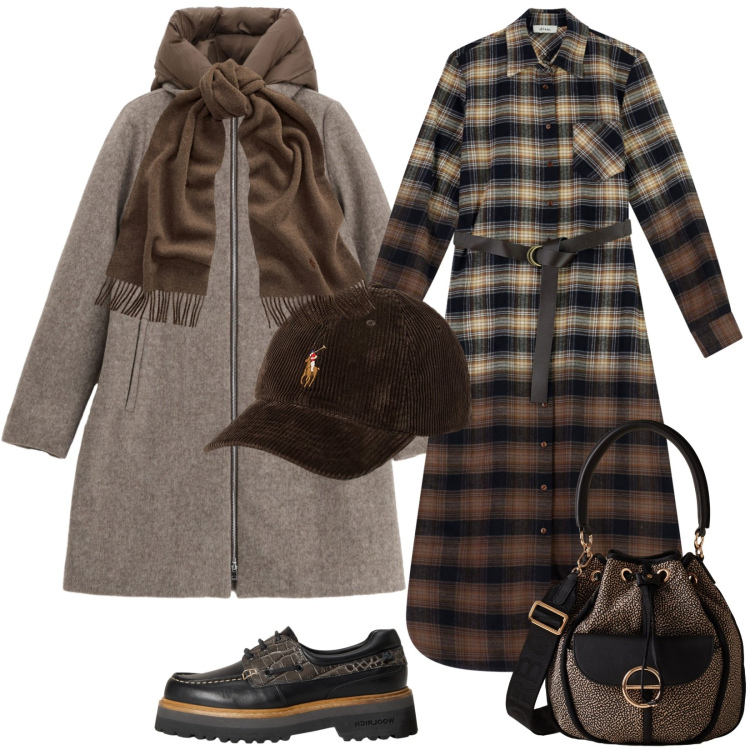 Outfit donna - Lo stile urbano. Stile Urban per Tutti i giorni. Abbinamento con piumini, vestiti lunghi, mocassini, sciarpe, cappelli con visiera, borse a secchiello.