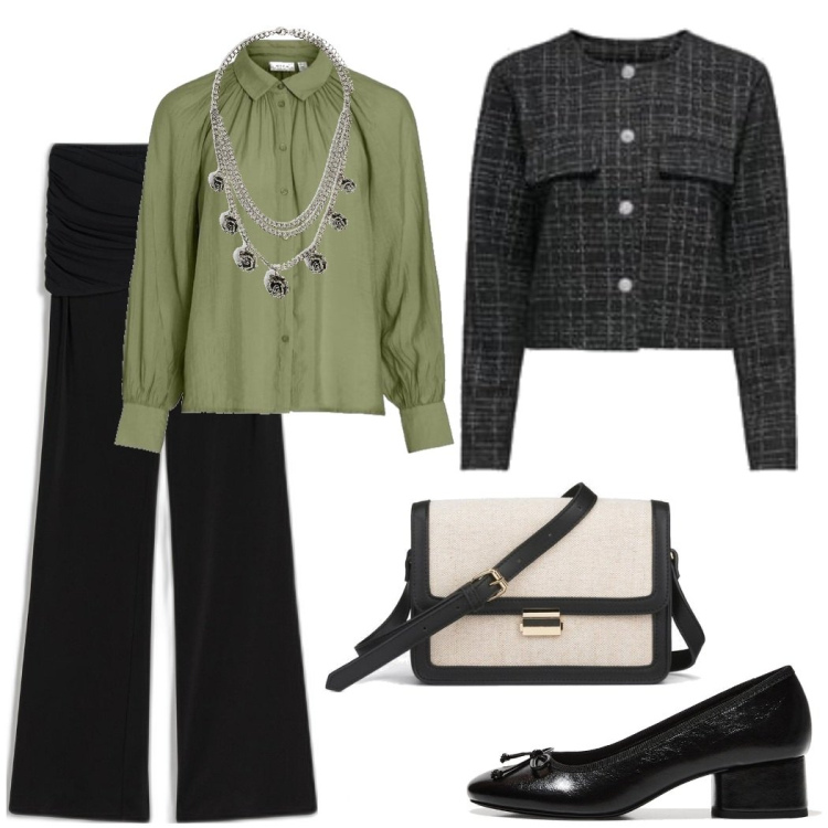 Outfit mujer - Comida Chic. Estilo Chic para Todos los días. Combinación con blazers, blusas, bailarinas, bolsos de mano, pantalones, colgantes.