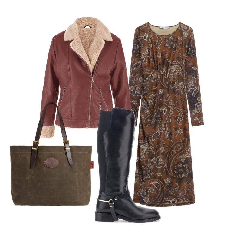 Outfit donna - Giornata di novembre. Stile Bon Ton per Tutti i giorni. Abbinamento con bomber, vestiti midi/longuette, borse tote, stivali.