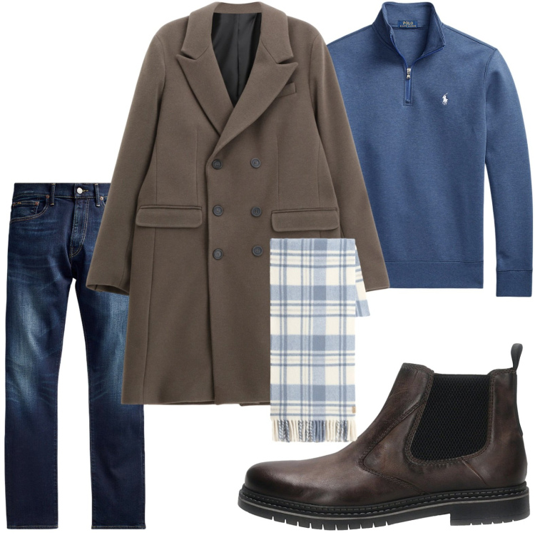 Outfit uomo - Mix perfetto. Stile Trendy per Ufficio. Abbinamento con cappotti, sciarpe, pullovers, jeans, stivali e stivaletti.