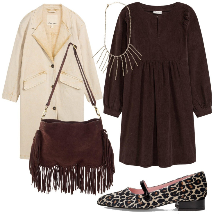 Outfit donna - Velluto e maculato. Stile Boho per Tutti i giorni. Abbinamento con trench, borse a tracolla, vestiti, collane, ballerine.