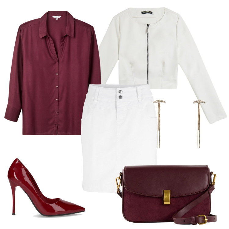 Outfit donna - Total look #2277491. Stile Casual chic per Ufficio. Abbinamento con minigonne, borse a mano, orecchini, camicie, giacche, décolleté.