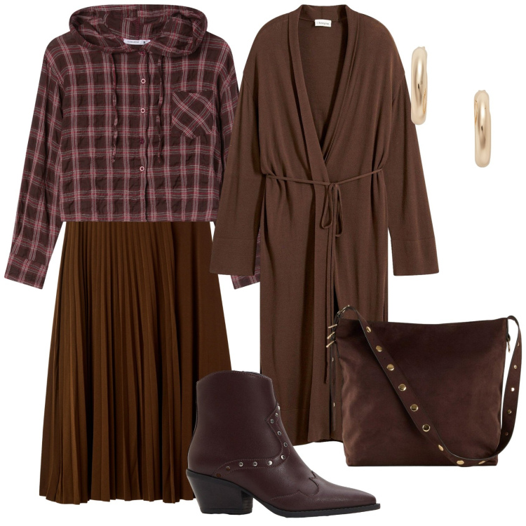 Outfit donna - Total look #2277492. Stile Casual chic per Tutti i giorni. Abbinamento con cappotti, stivaletti texani, shopping bag, gonne lunghe, camicie, orecchini.