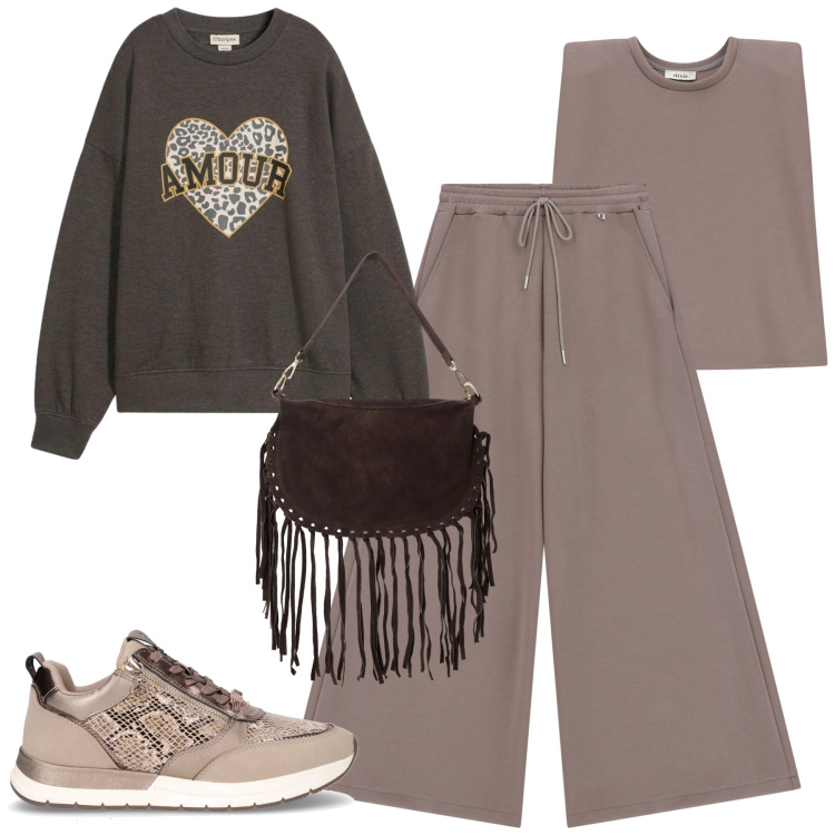 Outfit donna - Sporty. Stile Casual per Tutti i giorni. Abbinamento con felpe, borse a tracolla, pantaloni a palazzo, top, sneakers.