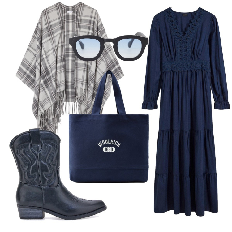 Outfit donna - I texani blu. Stile Boho per Tutti i giorni. Abbinamento con vestiti lunghi, cappotti, occhiali da sole, borse tote, stivaletti texani.