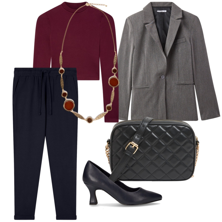 Outfit donna - Impeccabilmente al lavoro. Stile Urban per Ufficio. Abbinamento con borse a tracolla, blazer, t-shirt, pantaloni, décolleté, collane.