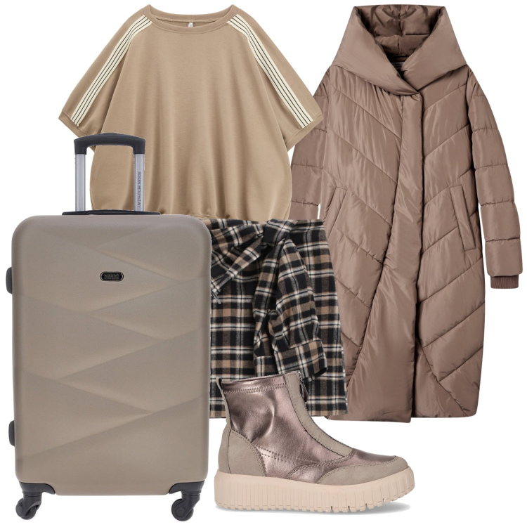 Outfit donna - Viaggio verso il freddo. Stile Trendy per Tutti i giorni. Abbinamento con cappotti, felpe, minigonne, valigie, stivaletti chelsea.