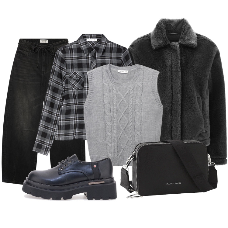 Outfit donna - Grigio e nero. Stile Basic per Tutti i giorni. Abbinamento con borse a tracolla, jeans, maglieria, camicie, cappotti, scarpe stringate.