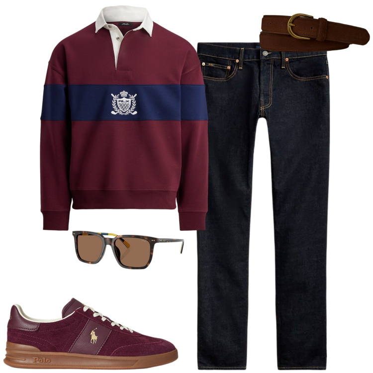 Outfit uomo - Ralph Lauren. Stile Casual per Tutti i giorni. Abbinamento con jeans, occhiali da sole, cinture, sneakers, felpe.