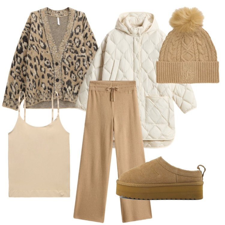 Outfit donna - Il cardigan maculato. Stile Casual chic per Scuola/Università. Abbinamento con cardigans, pantaloni, blazer, magliette intime, berretti, sabot.