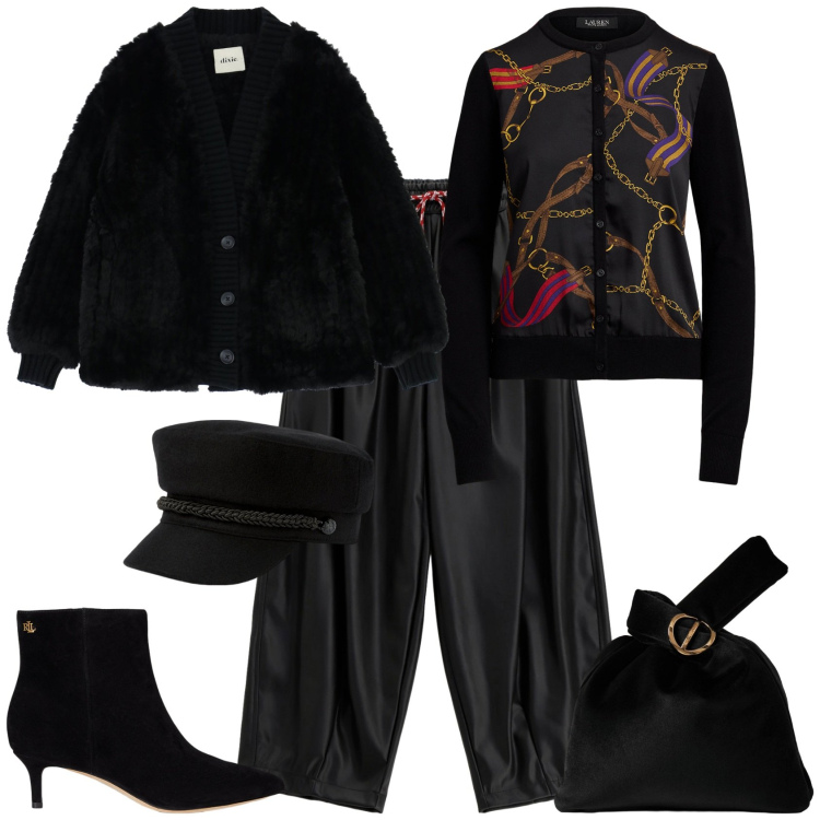 Outfit donna - Rock chic. Stile Rock per Serata fuori. Abbinamento con pantaloni a palazzo, blazer, cappelli, stivaletti, cardigans, borse a mano.