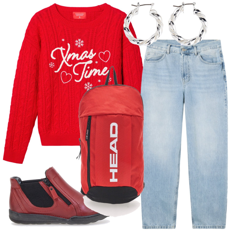 Outfit donna - Sognando il Natale. Stile Trendy per Tutti i giorni. Abbinamento con orecchini, jeans dritti, maglieria, stivaletti, zaini.