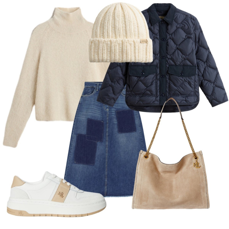 Outfit donna - La gonna lunga in denim. Stile Casual chic per Scuola/Università. Abbinamento con gonne lunghe, maglieria, berretti, blazer, borse tote, sneakers.