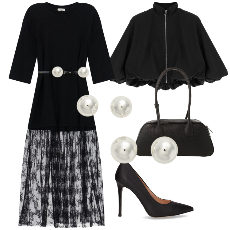 Outfit donna - Mantellina. Stile Chic per Serata fuori. Abbinamento con bomber, vestiti lunghi, borse a mano, orecchini, décolleté.