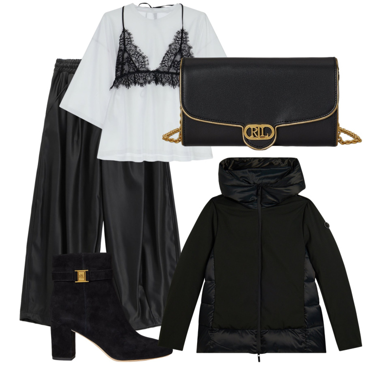 Outfit donna - Originale t-shirt per serata. Stile Trendy per Serata fuori. Abbinamento con t-shirt, pantaloni a palazzo, piumini, borse a tracolla, stivaletti.