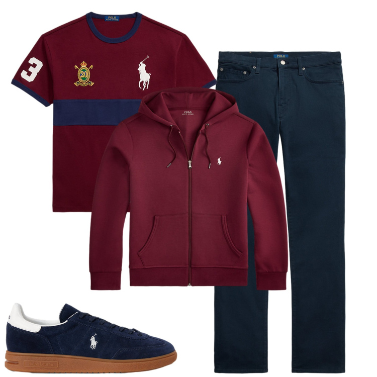 Outfit uomo - Blu e bordeaux. Stile Casual per Tutti i giorni. Abbinamento con sneakers, felpe, t-shirt, pantaloni.