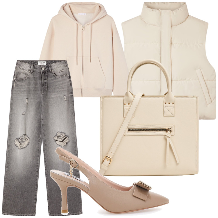 Outfit donna - Sportiva con accessori da diva. Stile Sporty chic per Tutti i giorni. Abbinamento con shopping bag, jeans strappati, piumini, felpe con cappuccio, décolleté.