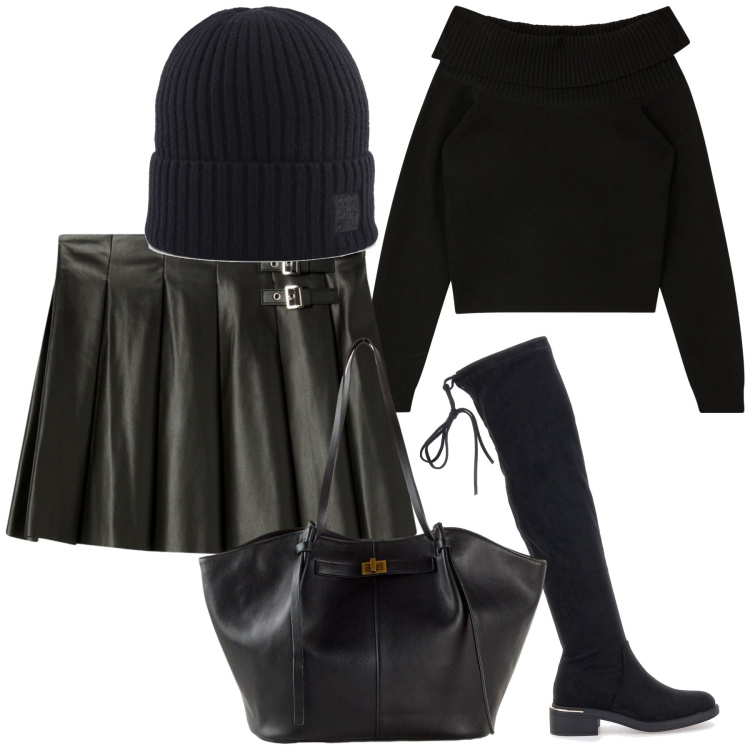 Outfit donna - Sabato sera con pizza. Stile Urban per Serata fuori. Abbinamento con shopping bag, maglieria, minigonne, berretti, stivali sopra il ginocchio.