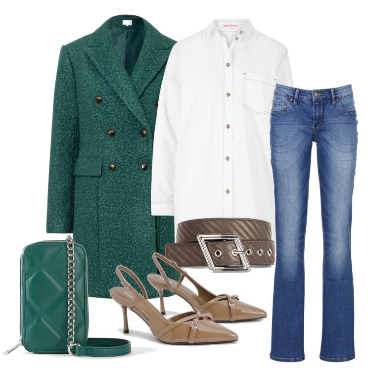 Outfit femme - Novembre. Style Casual chic pour Tous les jours. Assortir avec chemisiers, jean bootcut, sacs en bandoulière, ceintures, manteaux, chaussures à talon.