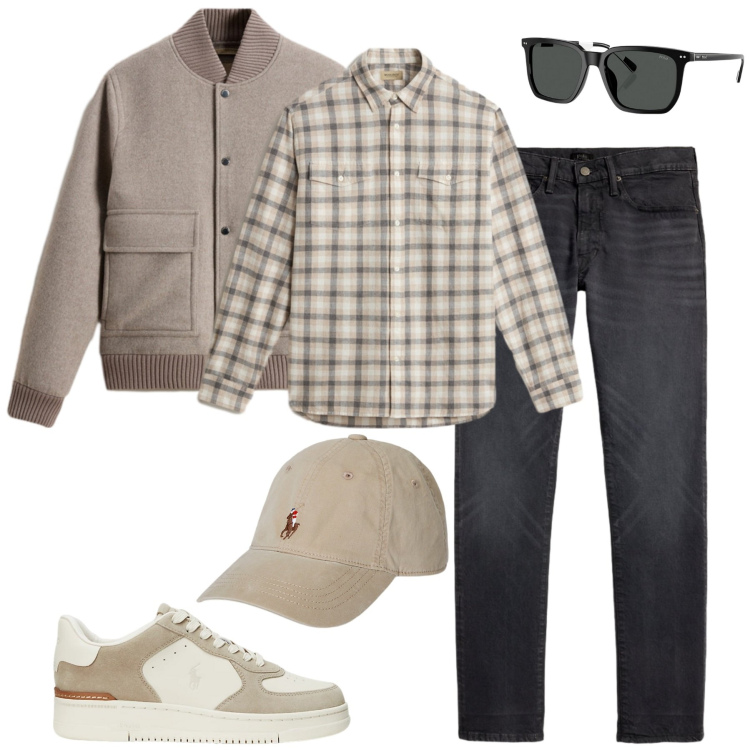 Outfit uomo - Novembre. Stile Casual per Tutti i giorni. Abbinamento con camicie, bomber, sneakers, occhiali da sole, cappelli, jeans.