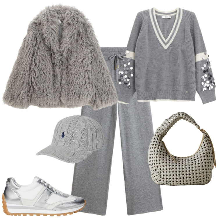 Outfit donna - Total look #2277520. Stile Sporty chic per Tutti i giorni. Abbinamento con maglieria, ecopellicce, pantaloni, sneakers, cappelli, borse a spalla.