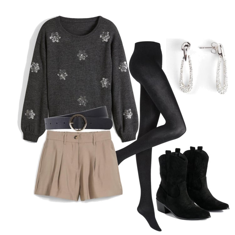 Outfit femme - Novembre. Style Tendance pour Tous les jours. Assortir avec short, collants, boucles d'oreilles, pulls, ceintures, bottines.