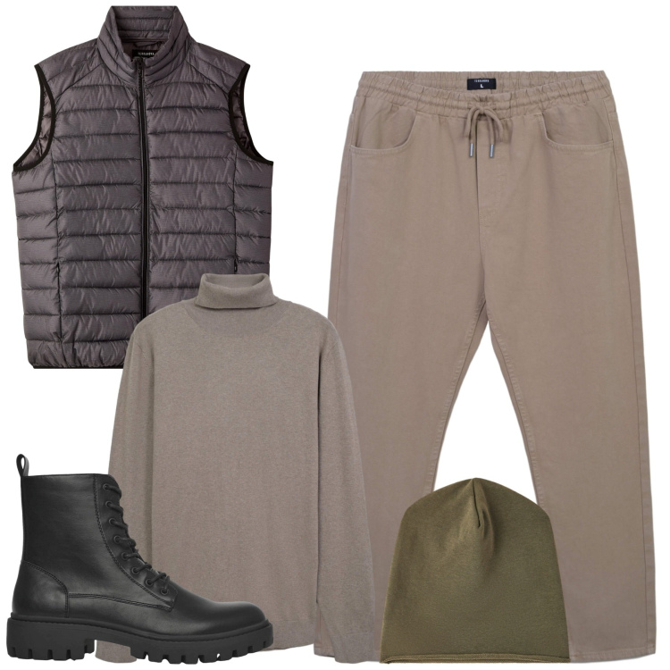 Outfit uomo - Total look #2277524. Stile Casual per Tutti i giorni. Abbinamento con anfibi, pantaloni, piumini, maglieria, berretti.