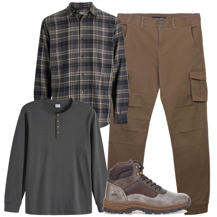 Outfit uomo - Novembre. Stile Casual per Tutti i giorni. Abbinamento con camicie, maglieria, pantaloni cargo, stivali e stivaletti.