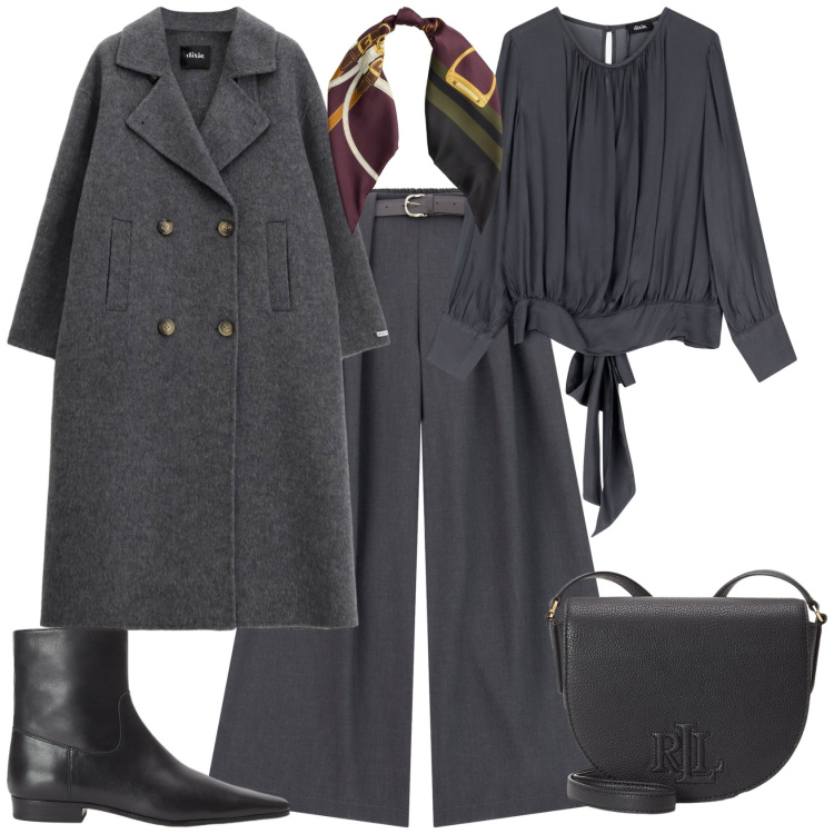 Outfit donna - Minimal chic. Stile Minimal per Tutti i giorni. Abbinamento con pantaloni, cappotti, bluse, stivaletti, foulard, borse a tracolla.