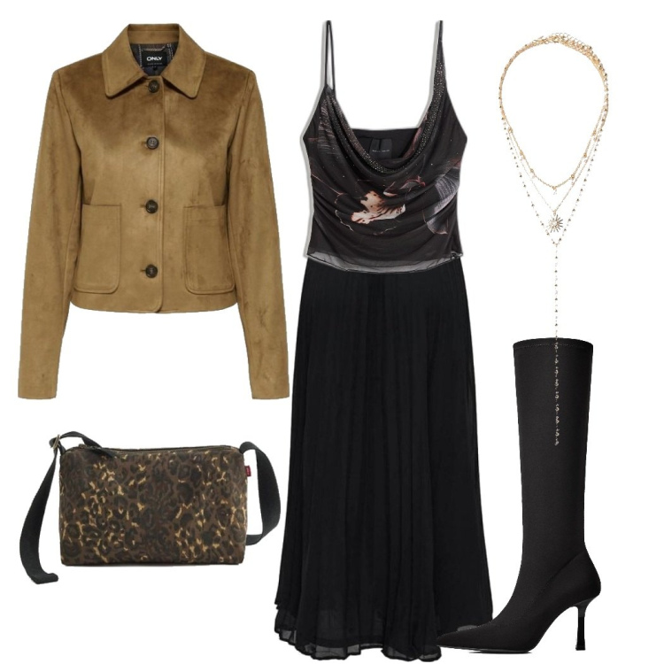 Outfit mujer - Cena Chic. Estilo Trendy para Noche/Fiesta elegante. Combinación con colgantes, bandoleras, faldas, blazers, botas, top.