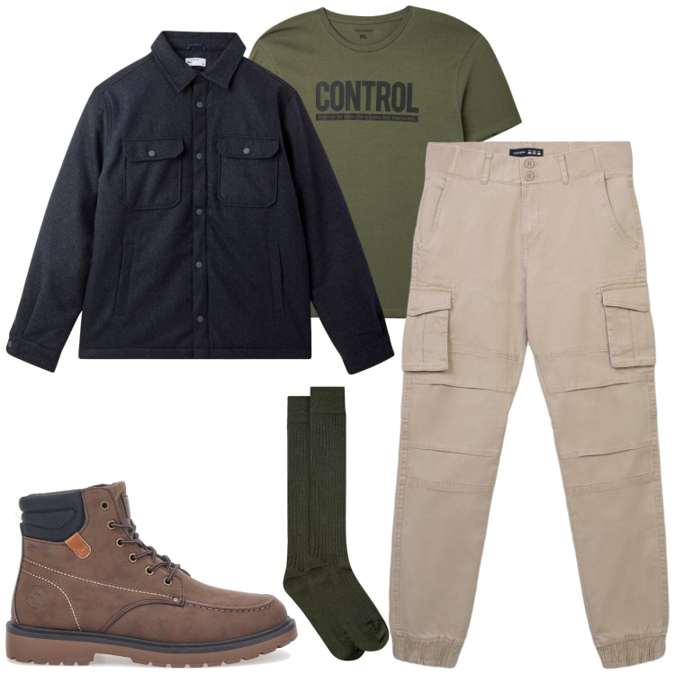 Outfit uomo - Novembre. Stile Casual per Tutti i giorni. Abbinamento con t-shirt, pantaloni cargo, cappotti, stivali e stivaletti, calzini.