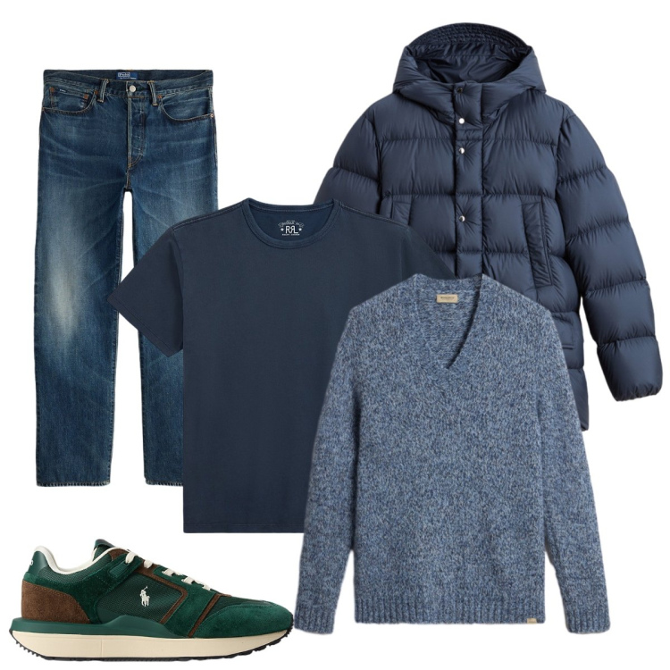 Outfit uomo - In blu. Stile Casual per Tutti i giorni. Abbinamento con parka, pullovers, t-shirt, sneakers, jeans dritti.