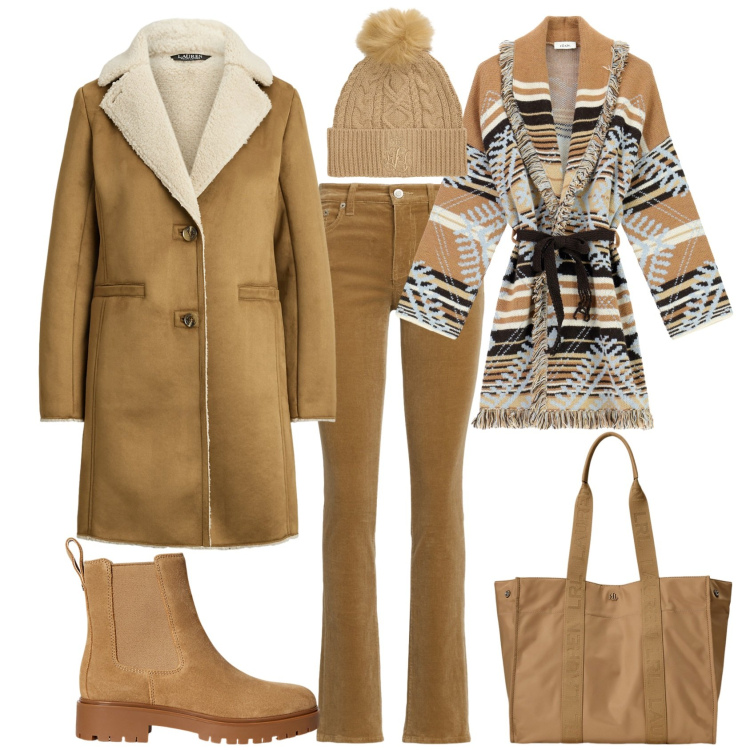 Outfit donna - Trendy week end in montagna. Stile Trendy per Tutti i giorni. Abbinamento con cardigans, borse tote, stivaletti chelsea, cappotti, pantaloni, berretti.