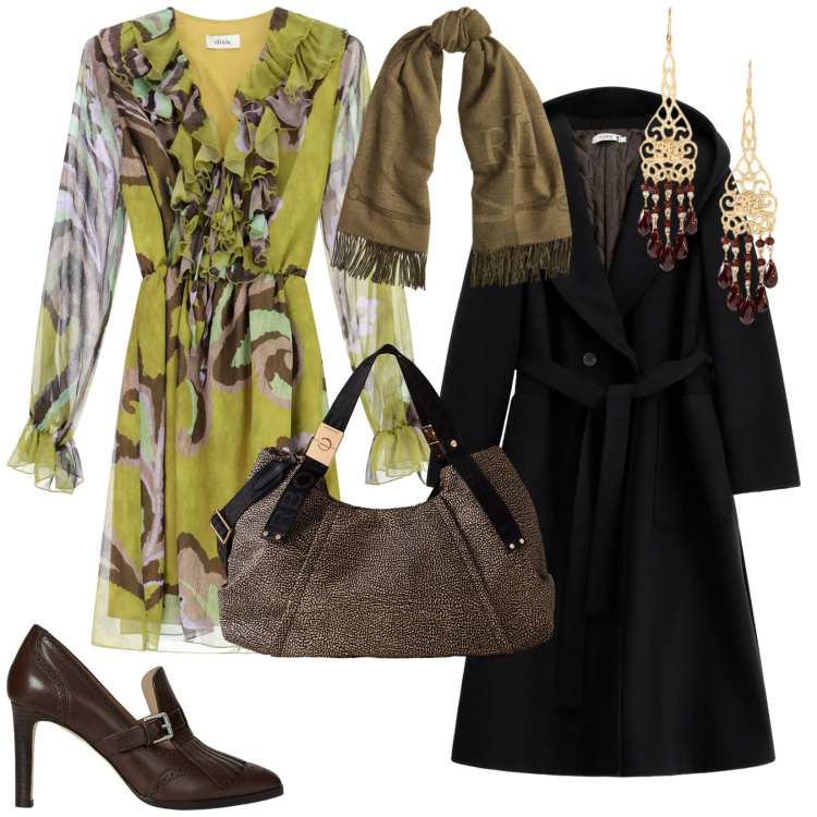 Outfit donna - Cena fuori. per Serata fuori. Abbinamento con cappotti, vestiti, décolleté, orecchini, sciarpe, borse a mano.