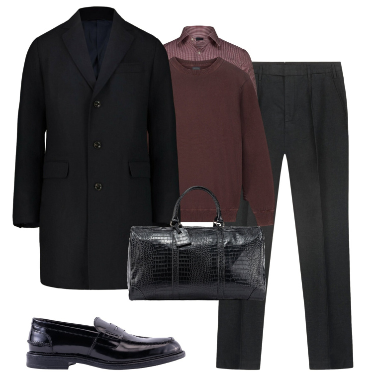 Outfit uomo - Il cappotto elegante. Stile Business/Elegante per Tutti i giorni. Abbinamento con maglieria, camicie, borse sportive, scarpe stringate, pantaloni, cappotti.