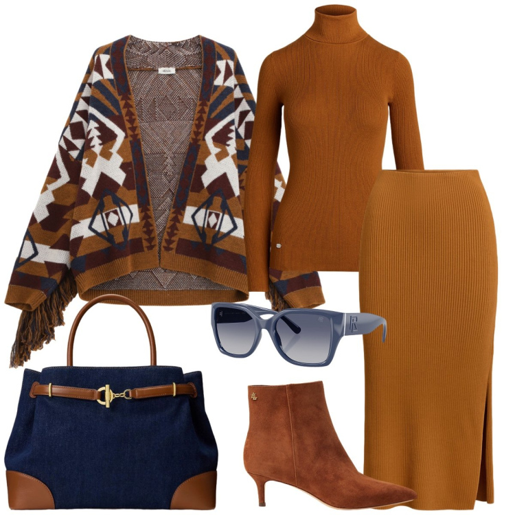 Outfit donna - Total look #2277539. Stile Casual per Tutti i giorni. Abbinamento con cardigans, occhiali da sole, stivaletti, gonne, maglieria, borse a mano.