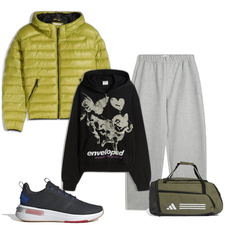 Outfit hombre - Saliendo del gym. Estilo Urban para Deporte. Combinación con sneakers, pantalones, bolsos deportivos, sudaderas con capucha, chaquetas.