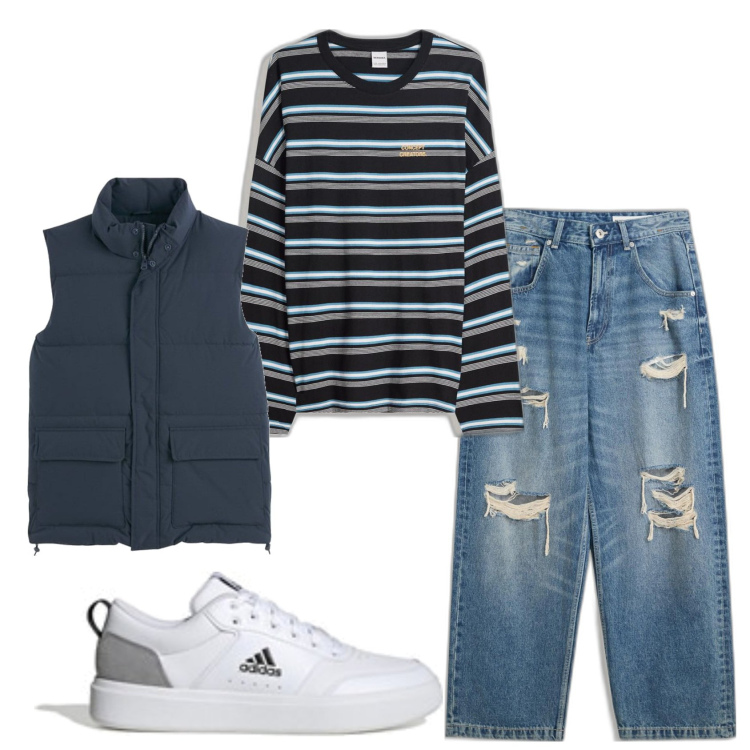 Outfit hombre - Casual look. Estilo Casual para Todos los días. Combinación con chalecos, vaqueros rotos, sneakers, camiseta.