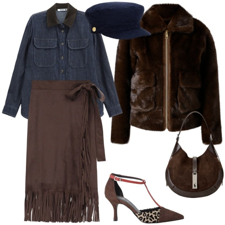 Outfit donna - street style. Stile Trendy per Serata fuori. Abbinamento con ecopellicce, camicie, décolleté, gonne, borse a spalla, berretti.