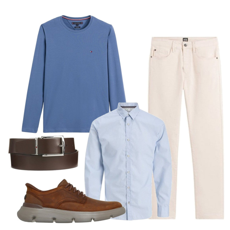 Outfit hombre - Te invito a comer. Estilo Business/Elegante para Oficina. Combinación con vaqueros, camisas, cinturones, zapatos con cordones, camiseta.