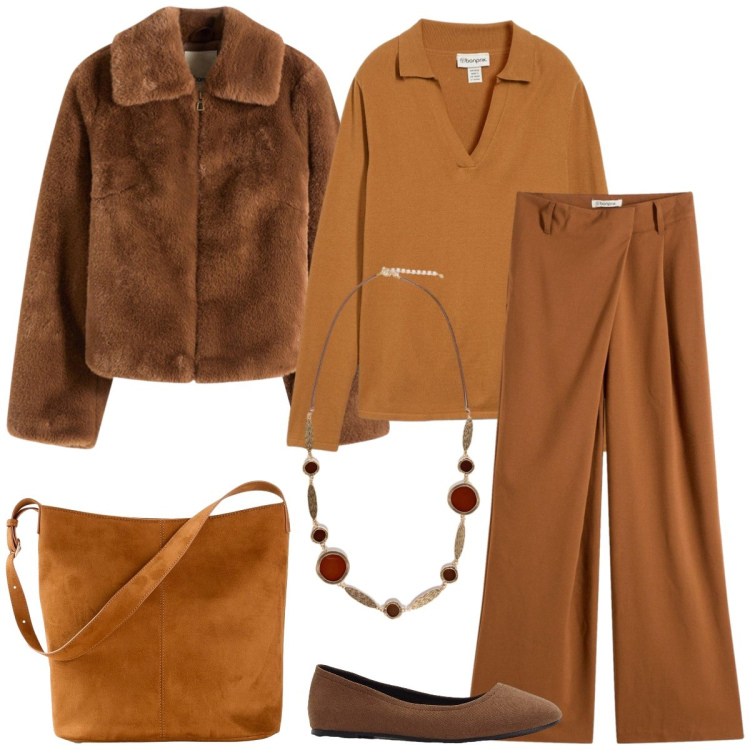 Outfit donna - Total look #2277546. Stile Casual per Tutti i giorni. Abbinamento con ballerine, polo, pantaloni, ecopellicce, borse a mano, collane.