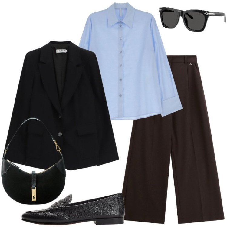 Outfit donna - Back to office, camicia azzurra e blazer. Stile Minimal per Tutti i giorni. Abbinamento con blazer, camicie, pantaloni a palazzo, borse a spalla, mocassini, occhiali da sole.