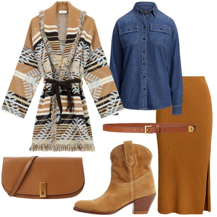 Outfit donna - Look color caramello - Focus Donna Curvy. Stile Etnico per Ufficio. Abbinamento con cardigans, clutch, stivaletti, cinture, gonne, camicie.