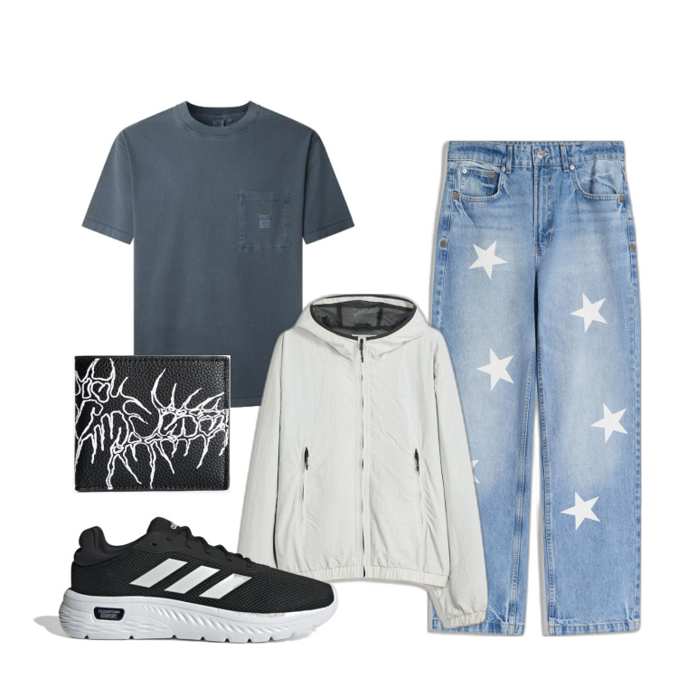 Outfit hombre - Con estrella. Estilo Urban para Todos los días. Combinación con sneakers, chaquetas, camiseta, vaqueros rectos, carteras.