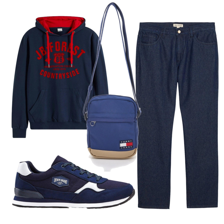 Outfit uomo - Total look #2277552. Stile Urban per Tutti i giorni. Abbinamento con felpe con cappuccio, sneakers, jeans dritti, borse sportive.