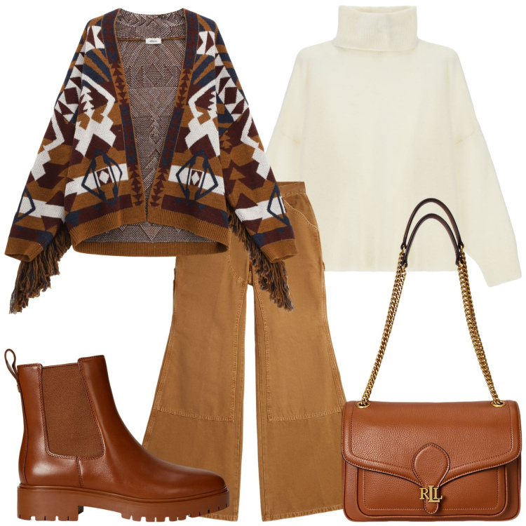 Outfit donna - Cardigan fantasia. Stile Casual per Tutti i giorni. Abbinamento con maglieria, cardigans, borse a spalla, stivaletti chelsea, pantaloni.