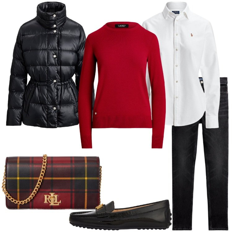 Outfit donna - Preppy Style by Ralph Lauren. Stile Preppy per Tutti i giorni. Abbinamento con camicie, jeans slim fit, maglieria, borse a mano, piumini, mocassini.